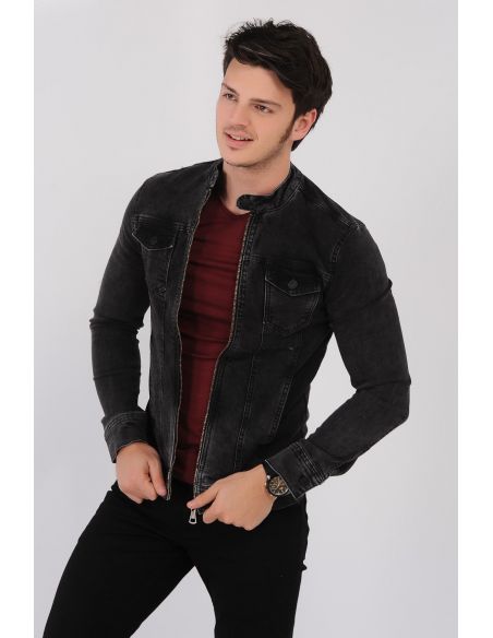 Double Pocket Zippered Smoked Men's Jeans Jacket