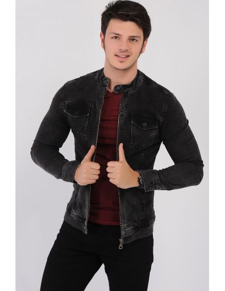 Double Pocket Zippered Smoked Men's Jeans Jacket