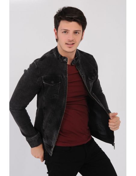 Double Pocket Zippered Smoked Men's Jeans Jacket