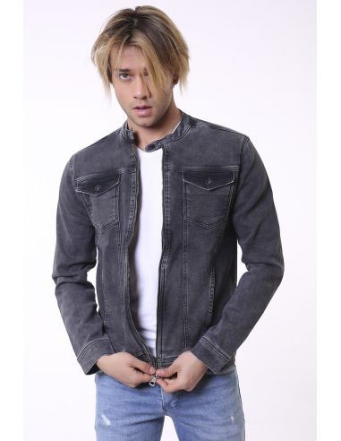 Double Pocket Zippered Grey Smoked Men's Jeans Jacket