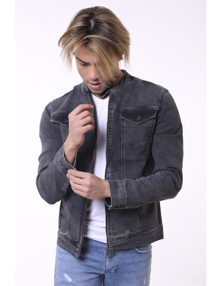 Double Pocket Zippered Grey Smoked Men's Jeans Jacket