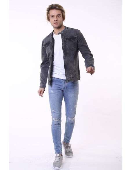 Double Pocket Zippered Grey Smoked Men's Jeans Jacket