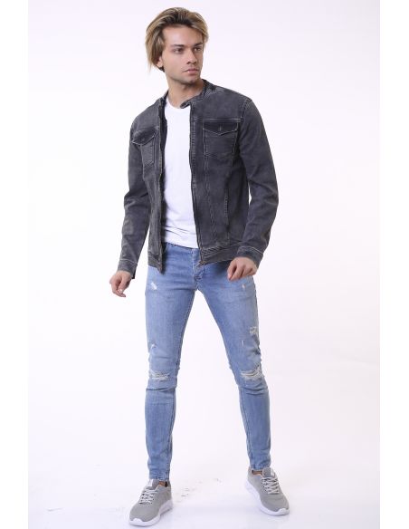 Double Pocket Zippered Grey Smoked Men's Jeans Jacket