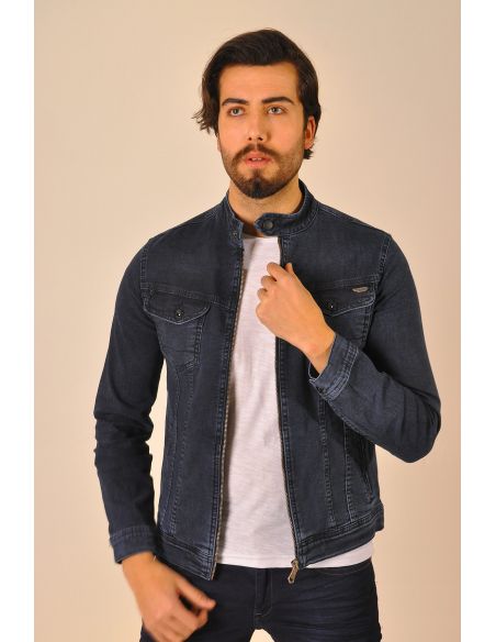 Double Pocket Zippered Navy Blue Men's Jeans Jacket