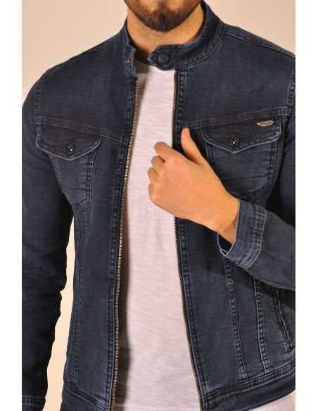 Double Pocket Zippered Navy Blue Men's Jeans Jacket