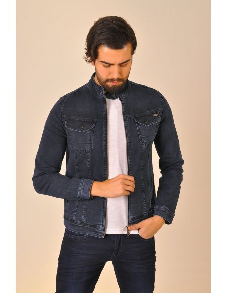 Double Pocket Zippered Navy Blue Men's Jeans Jacket