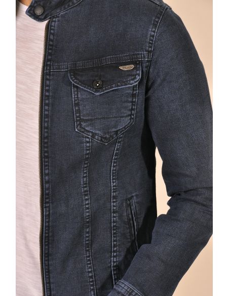 Double Pocket Zippered Navy Blue Men's Jeans Jacket