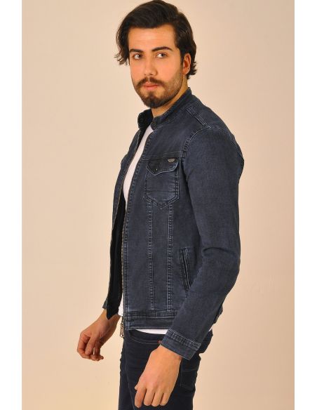 Double Pocket Zippered Navy Blue Men's Jeans Jacket