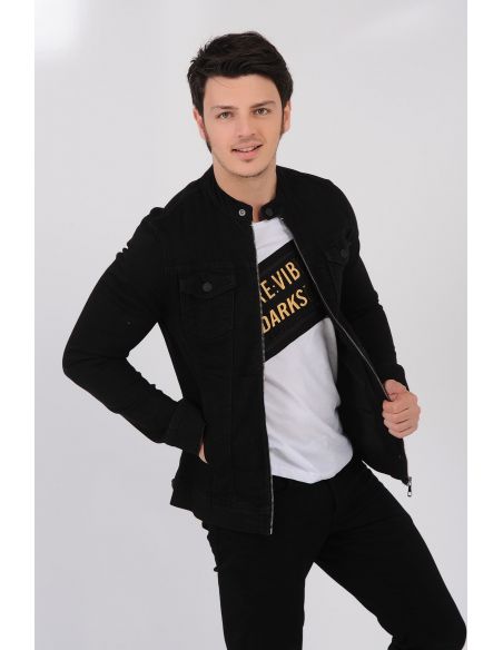 Double Pocket Zippered Black Mens Jeans Jacket