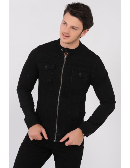 Double Pocket Zippered Black Mens Jeans Jacket