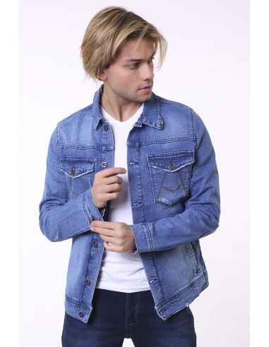 Double Pocket Embroidered Ice Blue Mens Jeans Jacket