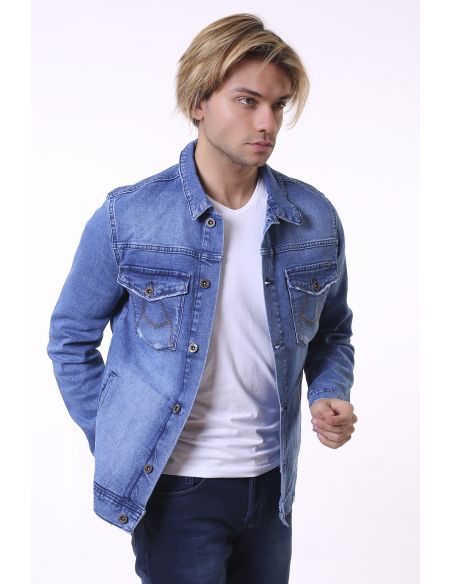 Double Pocket Embroidered Ice Blue Mens Jeans Jacket
