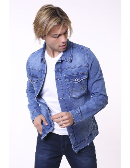 Veste de jeans à deux poches brodée bleu glace pour hommes