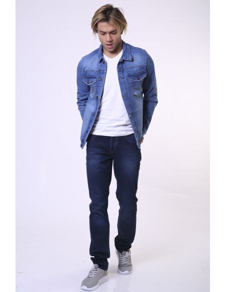 Double Pocket Embroidered Ice Blue Mens Jeans Jacket