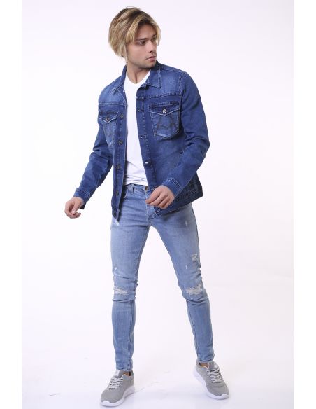 Double Pocket Embroidered Blue Jeans Jacket
