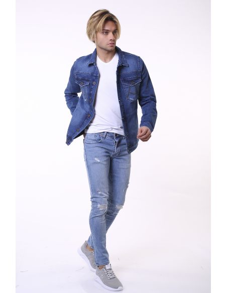 Veste en jean bleue brodée à double poche