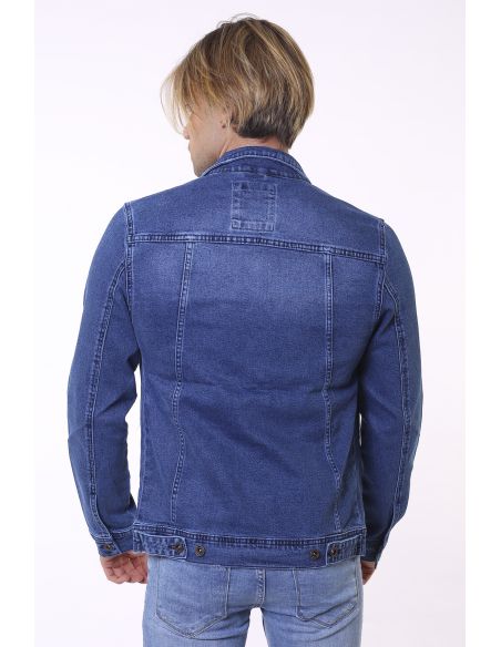Veste en jean bleue brodée à double poche