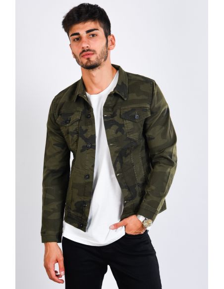 Double Pocket Camouflage Pattern Khaki Mens Jeans Jacket