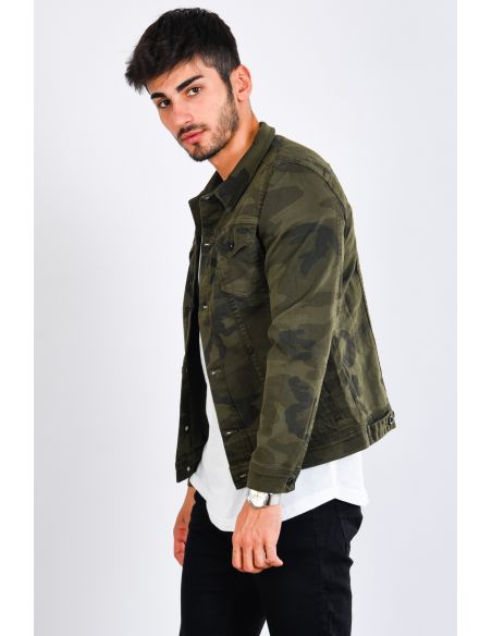 Double Pocket Camouflage Pattern Khaki Mens Jeans Jacket