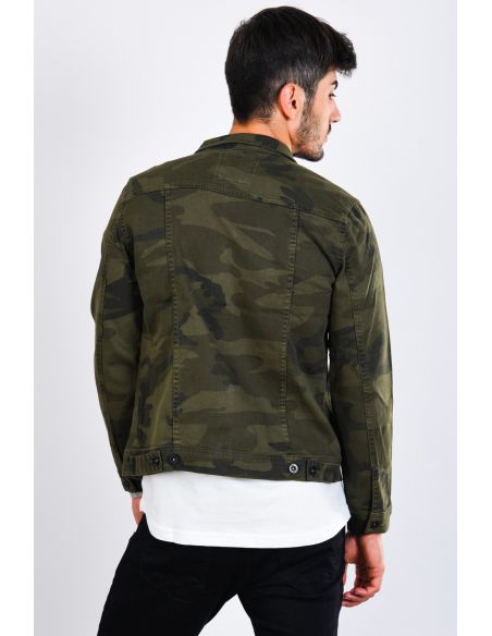 Double Pocket Camouflage Pattern Khaki Mens Jeans Jacket