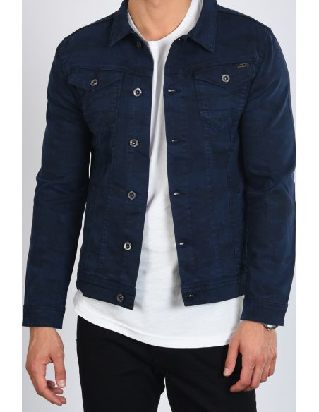 Double Pocket Navy Blue Camouflage Mens Jeans Jacket