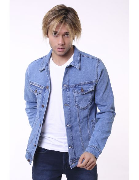 Veste de jean double poche à rayures bleu glace pour homme