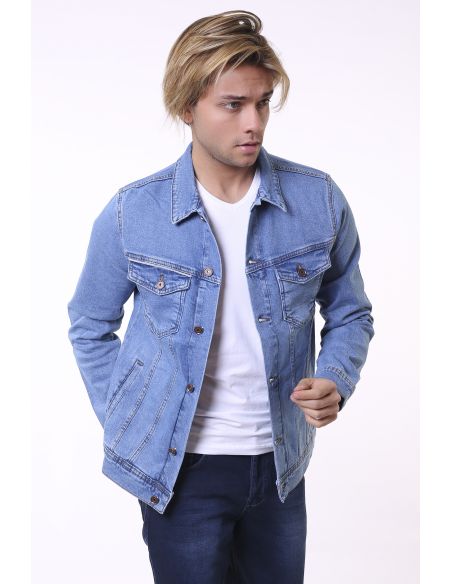 Veste de jean double poche à rayures bleu glace pour homme