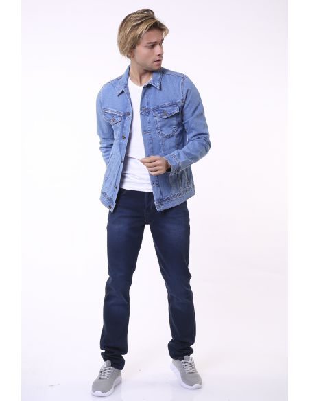 Veste de jean double poche à rayures bleu glace pour homme