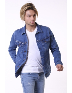 Double Pocket Stripe Detail Blue Mens Jeans Jacket