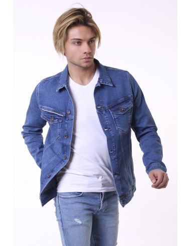 Double Pocket Stripe Detail Blue Mens Jeans Jacket