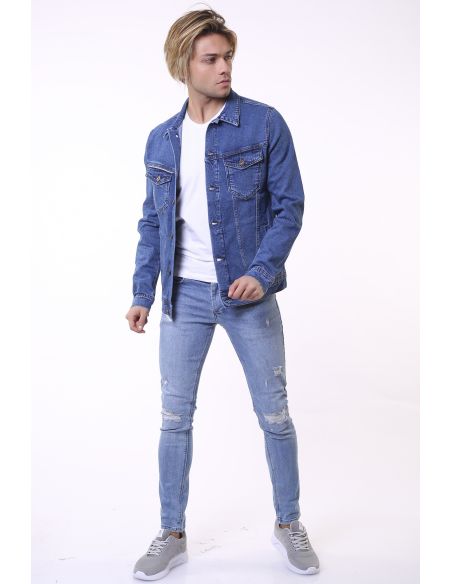 Veste en jean à deux poches et à rayures bleues