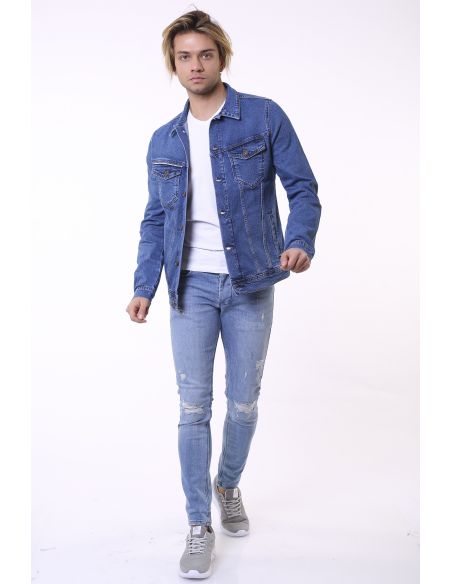 Veste en jean à deux poches et à rayures bleues