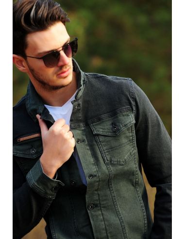 Double Pocket Green Mens Jeans Jacket