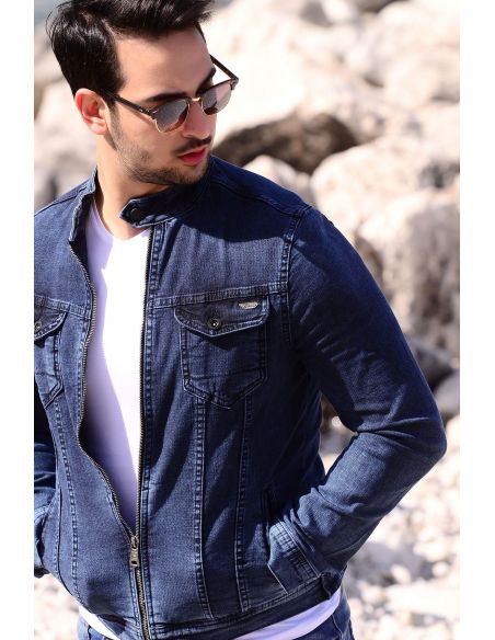 Double Pocket Washed Navy Blue Men Jeans Jacket