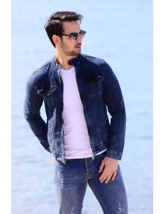 Double Pocket Washed Navy Blue Men Jeans Jacket 2
