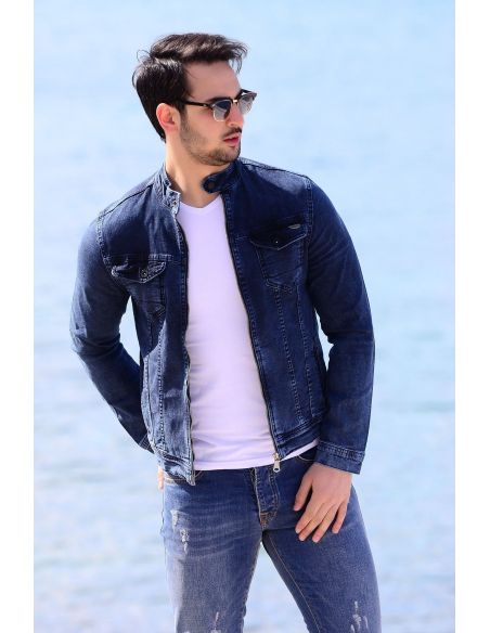 Double Pocket Washed Navy Blue Men Jeans Jacket