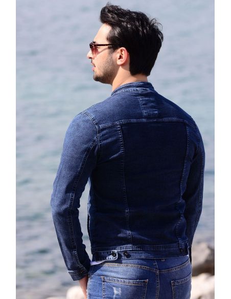 Double Pocket Washed Navy Blue Men Jeans Jacket