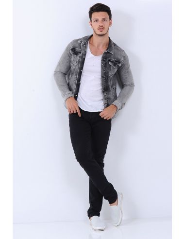 Double Pocket Washed Gray Mens Jeans Jacket