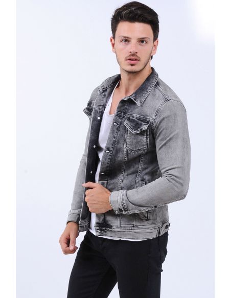 Double Pocket Washed Gray Mens Jeans Jacket