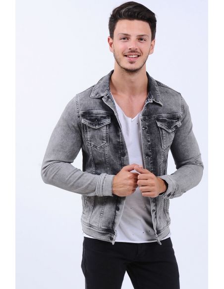 Double Pocket Washed Gray Mens Jeans Jacket