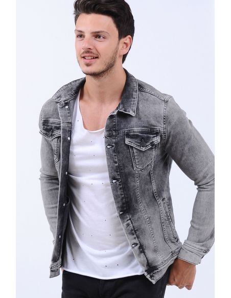 Double Pocket Washed Gray Mens Jeans Jacket