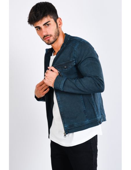 Striped Pocket Zipper Navy Blue Mens Jeans Jacket