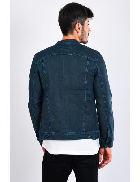 Striped Pocket Zipper Navy Blue Mens Jeans Jacket