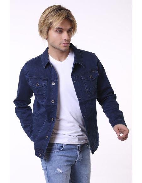 Buttoned Men's Navy Blue Men's Jeans Jacket