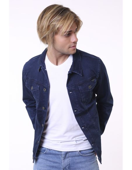 Buttoned Men's Navy Blue Men's Jeans Jacket