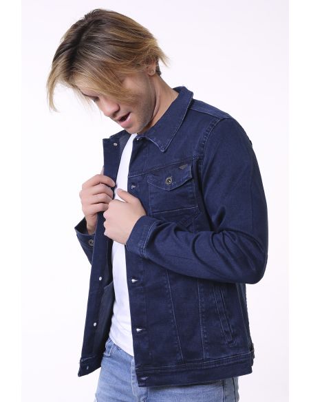 Buttoned Men's Navy Blue Men's Jeans Jacket