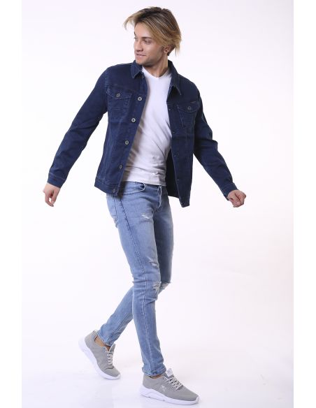 Buttoned Men's Navy Blue Men's Jeans Jacket