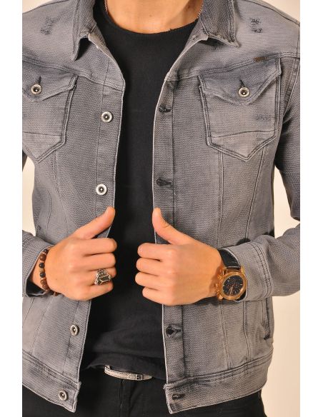 Buttoned Gray Mens Jeans Jacket