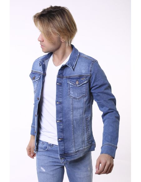 Buttoned Blue Attrition Detail Mens Jeans Jacket