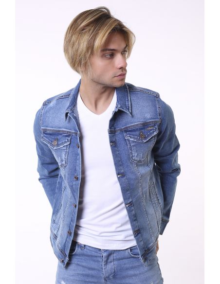 Buttoned Blue Attrition Detail Mens Jeans Jacket